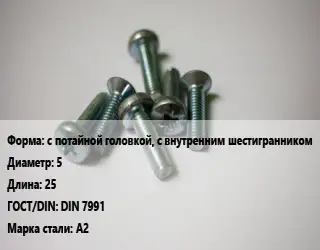 Винт с потайной головкой, с внутренним шестигранником 5х25 DIN 7991 Сталь: А2